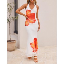 ZESICA Women's 2025 Summer Halter Neck Floral Print Maxi Dress Sleeveless Backless Wedding Guest Party Bodycon Long Dresses,Orange,Medium