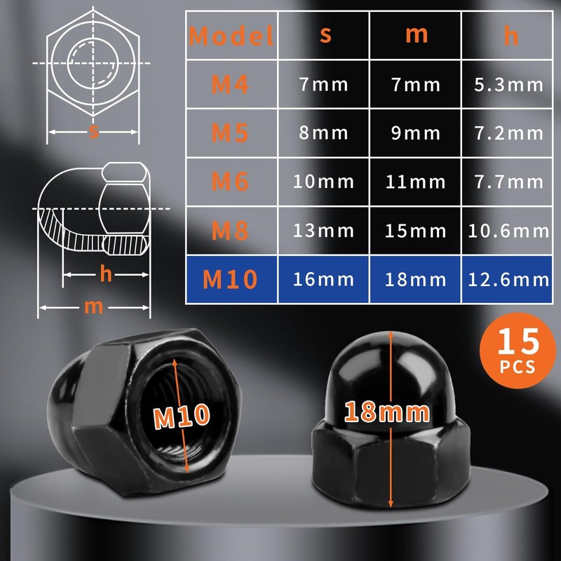 SWTYExt Pack of 15 Cap Nuts M10 Galvanised Cap Nuts