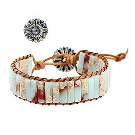 KunBead Sunflower Green Chakra Bracelets for Women Healing Crystal Imperial Jasper Natural Gemstone Bead Wrap Leather Bracelets for Women