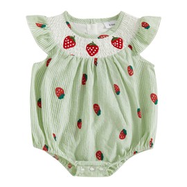 Kayotuas Newborn Baby Girls Smocked Bubble Romper Cute Embroidery Ruffle Gingham Bodysuit Dress Infant Toddler Summer Clothes (Strawberry Mint Green Stripes, 18-24 Months)