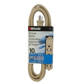 Woods Light Duty Extension Cord, 10Ft, 16 Gauge, 3 Conductor, 3 Outlet Cord, SJTW, Beige, 2865