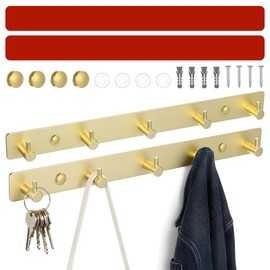 Tolare 2 Pcs Gold Coat Rack Wall Mount with 5 Hooks, 14.2" Gold Wall Hooks for Hanging Coats Towels Hats Bags Keys, Dual Mounting Options (No Drill/Drill), Brushed Stainless Steel Utility Organizer