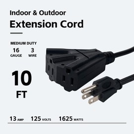 10 FT 16/3 Black Outdoor Extension Cord with Multiple Outlets, Flexible Weatherproof 3 Outlets Extension Cable Outdoor Waterproof, 13A 1625W 16AWG SJTW, UL Listed