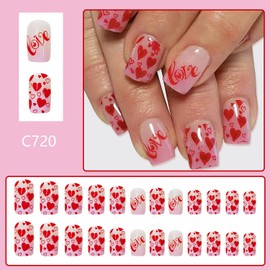 24Pcs French Tip Heart Press on Nails Square Shape Glue on Nails Valentines Day Fake Nails Full Cover False Nails Love Hearts Design Cute Artificial Nails Gloss Acrylic Nails for Women Manicure