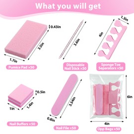Lanties 50 Set Pedicure Kit Individual Disposable Sanitary Pedi Tool Set for Feet Collection Include Pumice Pad, Nail File, Grit Mini Buffer, Nail Stick, Toe Separator, Self Adhesive Bag(Pink)