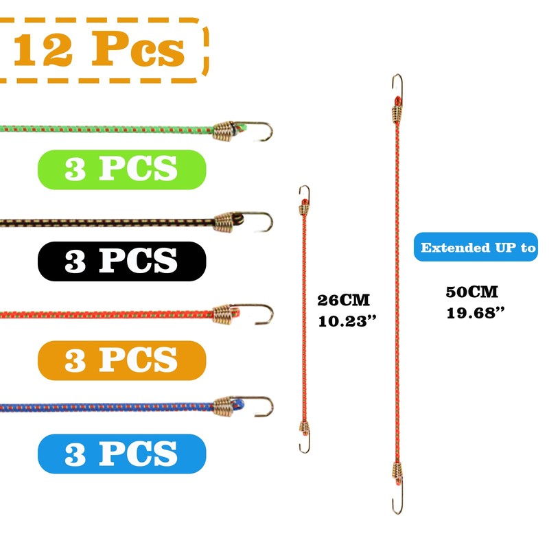 Small Bungee Cords with Hooks 12 Pieces, Mini Bungee Cord