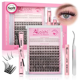 AILAISHI Lash Clusters Kit, DIY Cluster Eyelash Extensions 5‑16mm,144pcs Fluffy D Curl Natural Lashes with Bond and Seal,Remover, Tweezers–Natural Fake Cat Eye Individual Manga Clusters 1-4-L