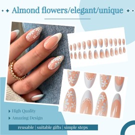 Auiremrti Pack of 24 artificial flower nails, almond daisy press on nails, white-blue French tip press on nails, full coverage, shiny artificial nails
