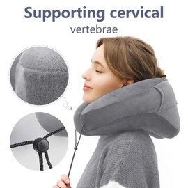 Panlouting Neck Pillow H Shape for Travel, Inflatable Airplane Pillow, Head and Neck Support, Travel Pillow with Soft Velour Cover, Hat and Portable Drawstring Bag (Grey)