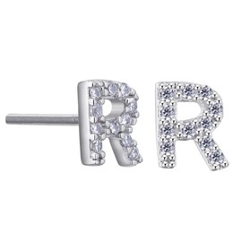 VIKI LYNN Women Girls 925 Sterling Silver Cubic Zirconia Letter R Stud Earrings Tiny Size