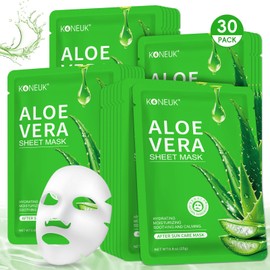 KONEUK 30 Pack Aloe Vera Hydrating Face Masks Skincare, Moisturizing & Soothing Sheet Face Mask for Skin Care, Bulk Aloe Face Masks for After Sun Care and Sunburn Relief