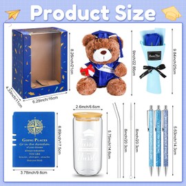 Vinsot Graduation Gifts Set Class of 2025 Graduation Stuffed Bear with Soap Artificial Flower 16 Oz Glass Bottle Inspirational Notebook and 3 Ballpoint Pens Graduation Gifts for Her Him(Blue)