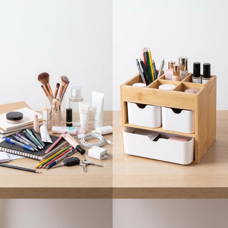 Small Bamboo Makeup Organizer with 3 Drawers