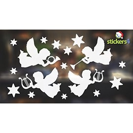 Set of Large (365mm Wide / 14.4") White Angels & Stars Window Cling Stickers - Christmas Window Stickers by Stickers4