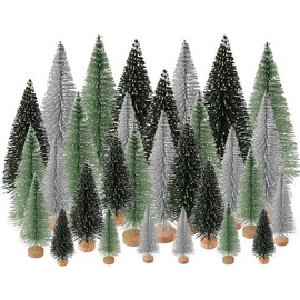 Yahpetes Christmas Trees 30 Pcs Artificial Christmas Trees Bottle Brush Trees with 3 Sizes,Sisal Snow Trees with Wooden Base for Miniature Scenes, Christmas Crafting and Designing (Green,Sliver)