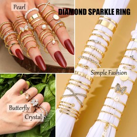 17IF 22 Pcs Gold Vintage Knuckle Ring Set for Women, Boho Crystal Finger Aesthetic Pearl Sparkle Butterfly Chunky Stackable Midi Ring Pack (CrystalButter)
