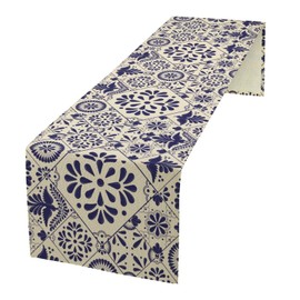 Traditional Mexican Table Runner, Talavera Style Beige Mexican Floral Bird Print Table Runner Holiday Home Picnic Party Dining Room Kitchen Decor, 13x120inch
