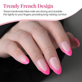 French Tips Press on Nails Short Almond for Women Gift, Light Neutral + Hot Rose Pink Tip, Soft Gel Press Glue On Nail with Nail Glue, Supremely Fit Full Cover Reusable Acrylic Fake Nails Manicure Kit