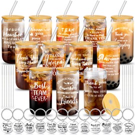 FillTouch 12 Set Employee Appreciation Gifts Bulk Inspirational Thank You Glass Cups for Staff Coworker 16oz Can Shaped Beer Cup Lid Straws Brush Keychain for Team Nurse Teacher(Appreciation Style)