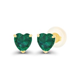 14K Yellow Gold Plated Sterling Silver 4mm Heart Created Green Emerald May Birthstone Genuine Stud Earrings For Women