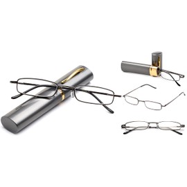 "Pocket" Readers Ultra Compact Spring Temple Reading Glasses w/Portable Pocket Clip Aluminum Case Gunmetal +3.50