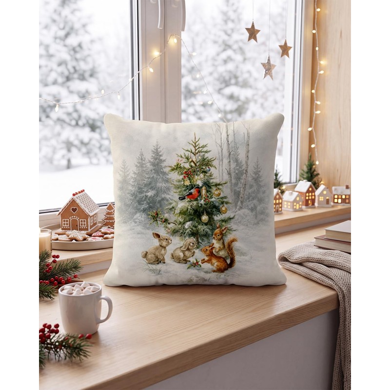 Woodland Animals Christmas Pillow Cover 18x18, Snowy Tree Decor