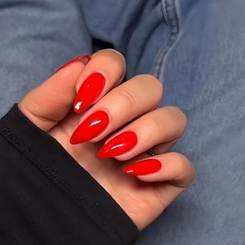 KQueenest 48 Pcs Almendra Presione En Uñas de Longitud Media, Presione En Uñas Rojas Claras, Uñas Falsas Medianas de Color Sólido Acrílico, Clavos de 