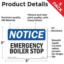 Emergency Boiler Stop OSHA Notice Vinyl Decal Label 5 Inch x 3.5 Inch - 5 Pack