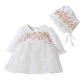 Toddler Baby Flower Girls Lace Dress First Birthday Wedding Baptism Christening Dresses Infant Princess Pageant Communion Gown with Hat Long Sleeve Fall Dress Outfits White Flower 9-12 Months