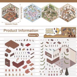 4 Sets DIY 3D House Stickers, Fun DIY Stickers Scene Make Your Own Coffee Shop, Sushi Restaurant, Bookstore, Apartment, Cute Cartoon Scene Sticker for Kids Adult Relief Stress Pass The Time (Type 1)