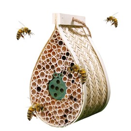 Mason Bee House, Pollinating Palace，Hanging Wooden bee House Habitat with Bamboo Tubes for The Garden and Yard Bee Hotel for Pollinators