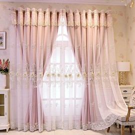 Amidoudou 1 Pair Luxury European Curtains with Valance for Living Room Bedroom Double Layer Embroidered Room Darkening Curtains (Pink,51x95 Inch)