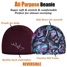 EDTREK All Purpose Reversible Beanie - Ultra Comforable and Soft Outdoors Beanie Hat (Purple with Country Girl camo, Large)