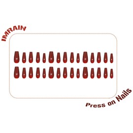 IMRAIN Red Press on Nails Long Coffin Fake Nails Cat's Eye Glossy Glue on Nails Full Cover Acrylic Gel Stick on Nails Wine Red Ballerina Nail Supplies Burgundy Artificial False Nails