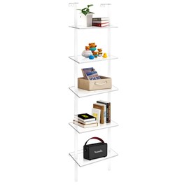 Cutora Acrylic Ladder Bookshelf 9.5" D x 15.6" W x 73" H Clear Bookcase Narrow Display Shelf for Small Space Wall Mounted Storage Rack for Living Room Bedroom Cloakroom Bathroom (5-Tier)