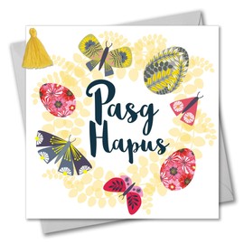 Tassel Embellished Welsh Language Easter Greeting Card, Butterfly & Egg Wreath, Pasg Hapus