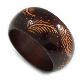 Avalaya Wide Chunky Wooden Bangle Bracelet with Feather Motif/Medium/Possible Natural Irregularities