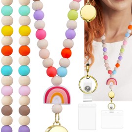 CTOHN Teacher Lanyard With ID Holder, Colorful Wood Beaded Lanyards for Id Badges Keys, Retractable Cute Lanyard for Women