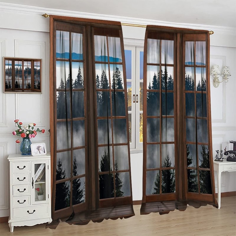Misty Forest Landscape Curtains, Wooden Window Forest Mountain Rustic Bedroom