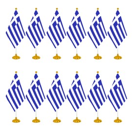 WXTWK 12 Pack Greece Flag Greek Desk Flag Small Mini Greek Table Flags With Stand Base,Home Office Festival Events Celebration Decorations