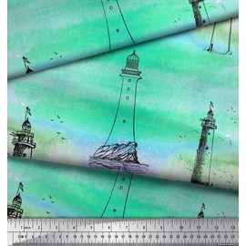 Soimoi Cotton Voile Fabric Lighthouse Nautical Printed Craft Fabric by the metre 56 Inch Wide