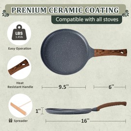 AOSION 9.5 inch Crepe Pan Nonstick Dosa Tawa Pan,Ceramic Coating Skillet Pan,Tortilla Pan for Pancake Omelette Steak Frying Egg with Ergonmic Handle,For All Stoves