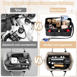 Swetfela Pack of 2 Handbag Organisers, 30 x 17 x 16 cm, Felt Bag Organiser with Multiple Compartments, Removable Large Capacity Pockets Organiser with Key Chain, Inner Pocket for Handbags, Black +