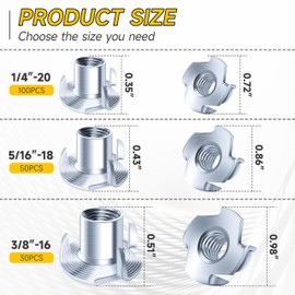 180Pcs 1/4-20 5/16-18 3/8-16 T-nut Assortment Kit, 4 Pronged T Blind T Nut Zinc-Plated Alloy Steel, Wood Working, Rock Climbing Holds & Furniture Hardware Nuts, Threaded Insertion by Mywish