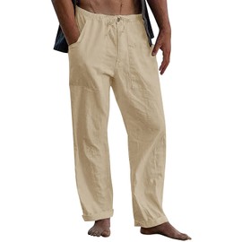 FANARCHER Men’s Cotton Linen Pants Drawstring Loose Beach Pants with Pockets Khaki