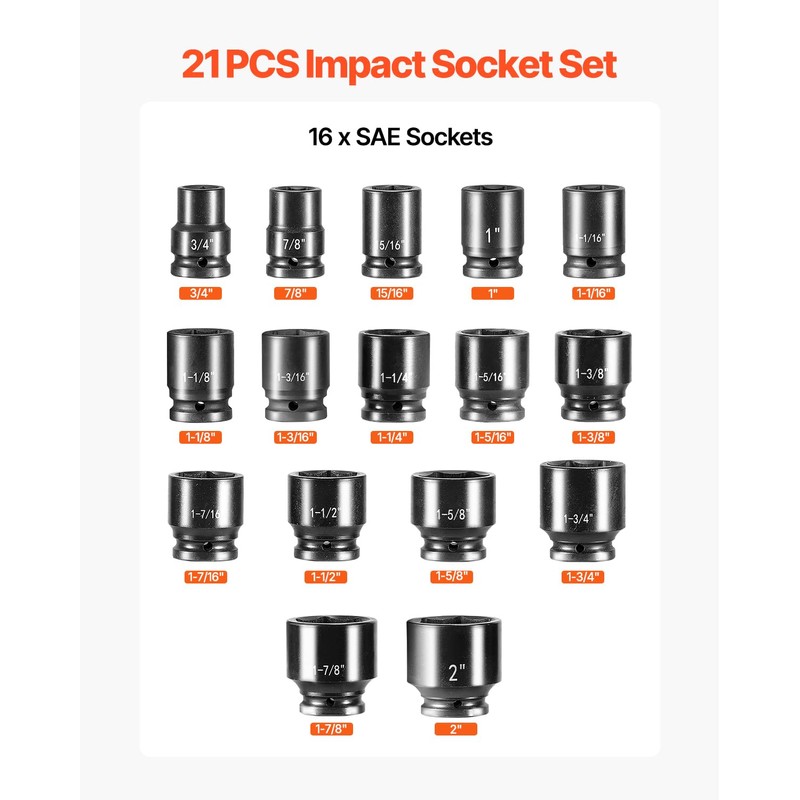 VEVOR 3/4 in Drive Impact Socket Set, 21 Pieces SAE
