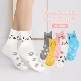 Women Cat Socks for Women Teen Girls Ladies - Funny Cute Unique Birthday Mothers Day Easter Gifts for Daughter Mom Animal Cotton Socks -Gifts Ideas for Cat Lovers Christmas Stocking Stuffers(5 pairs)