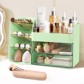 FZHZZ 2026 Makeup Organizer Countertop with Drawers, Cosmetic Organizer with Travel Makeup Brush Holder, Skincare Organizer & Storage with Drawers for Bathroom, Beauty Essentials, Eyeshadow, Lotions