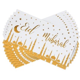 Eid Mubarak Money Wallets Envelopes - Eidi Gift Gold Foiled - Pack of 10 (White & Gold Mosque)
