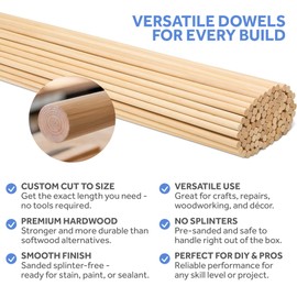 Wooden Dowel Rod, Custom Cut to Size Wood Dowels, Pack of 5 Wooden Dowels for Crafts, 3/4, 1 and 1 1/2 Inch Unfinished Hardwood Dowel Rods, Strong Wood Rod for Crafting and DIYers